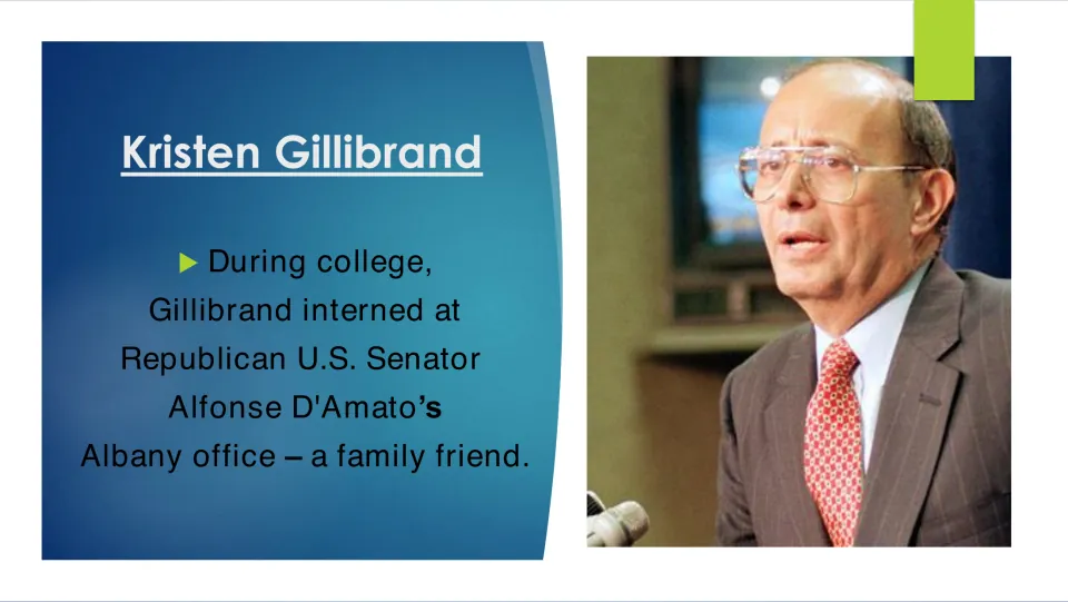 College internship slide describing Gillibrand’s work in Senator Alfonse D’Amato’s Albany office