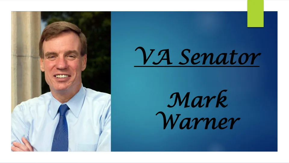 Biography presentation cover introducing Virginia Senator Mark Warner, with his name and portrait