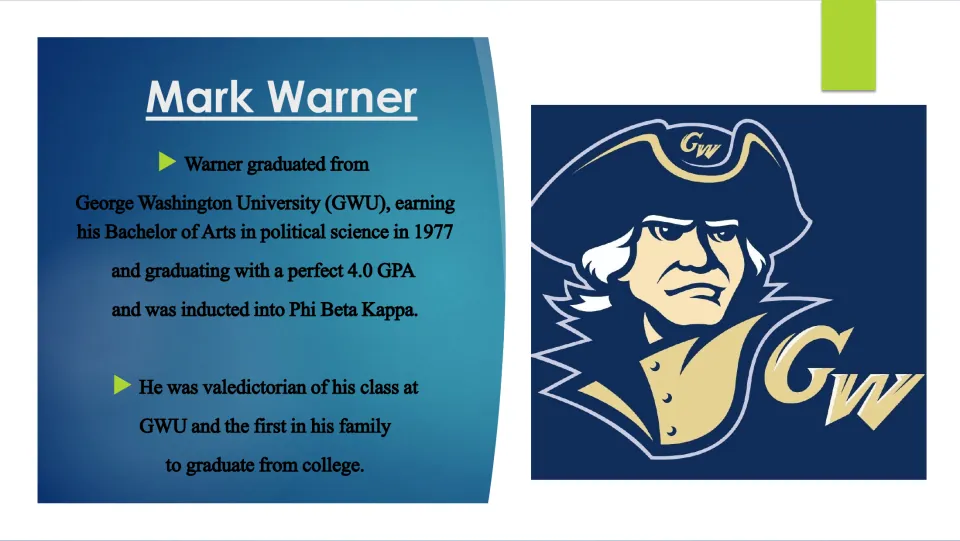 College biography slide on Warner’s 1977 political science degree at George Washington University and 4.0 GPA