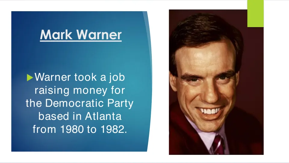 Early career biography slide describing Warner’s Democratic Party fundraising job in Atlanta from 1980 to 1982