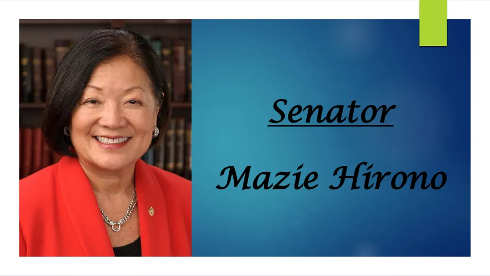 Title slide reading Senator Mazie Hirono beside a portrait of her smiling in a red jacket in front of bookshelves