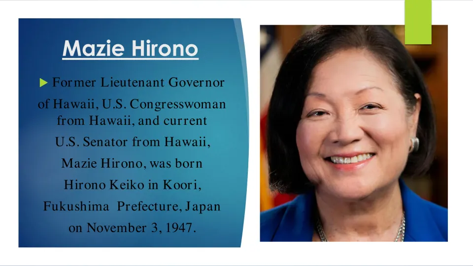 Hirono's early life: slide on her birth as Hirono Keiko in Koori, Fukushima, Japan, on November 3, 1947, with her portrait