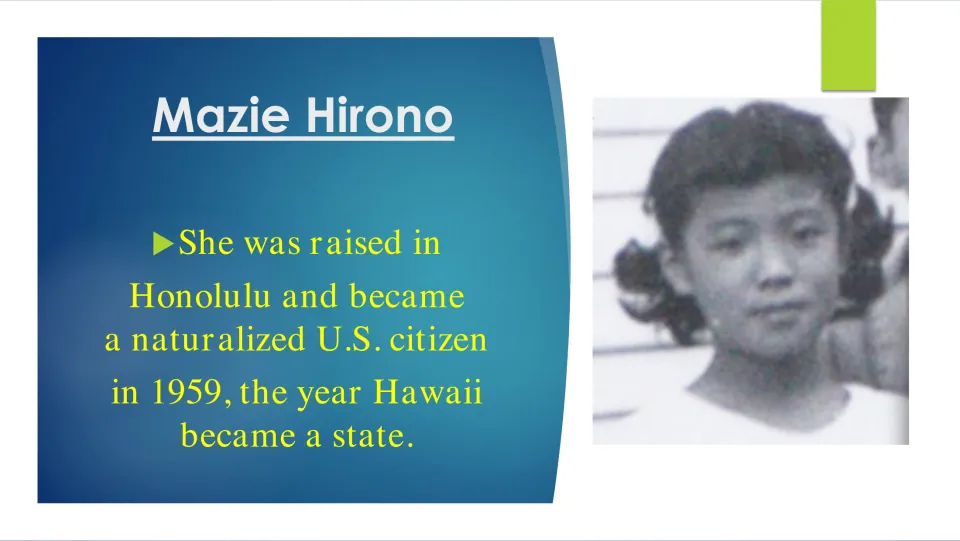 Childhood in Honolulu: Hirono became a naturalized U.S. citizen in 1959, the year Hawaii became a state; girlhood photo