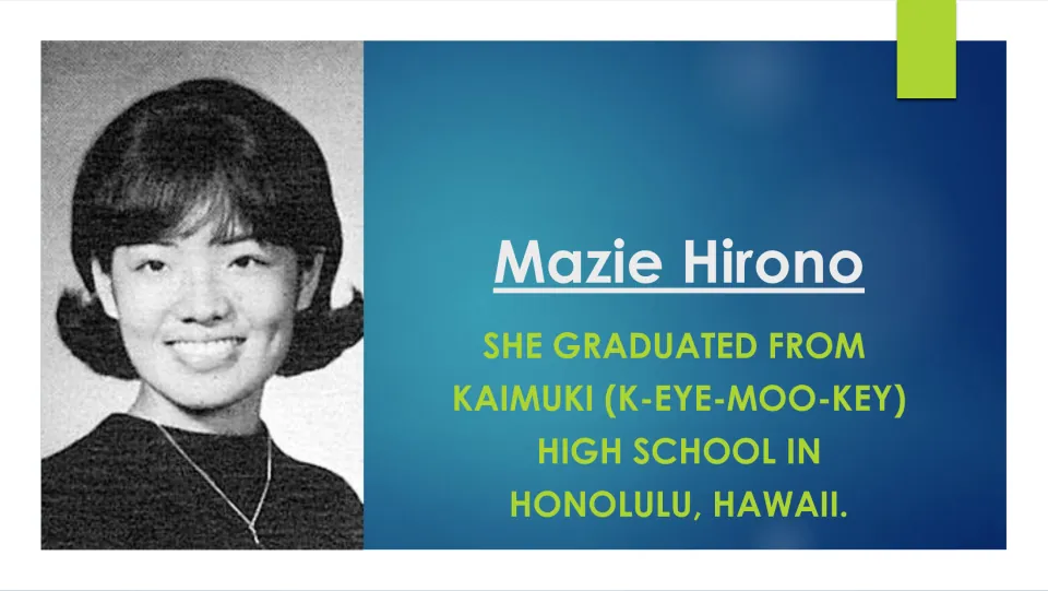 High school slide: Hirono graduated from Kaimuki (K-EYE-MOO-KEY) High School in Honolulu; photo of her as a teen