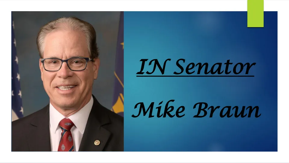 Biography presentation cover introducing Mike Braun with his portrait and the heading 'IN Senator'