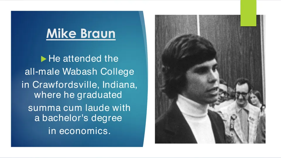 Biography slide covering Mike Braun's summa cum laude graduation from Wabash College with an economics degree
