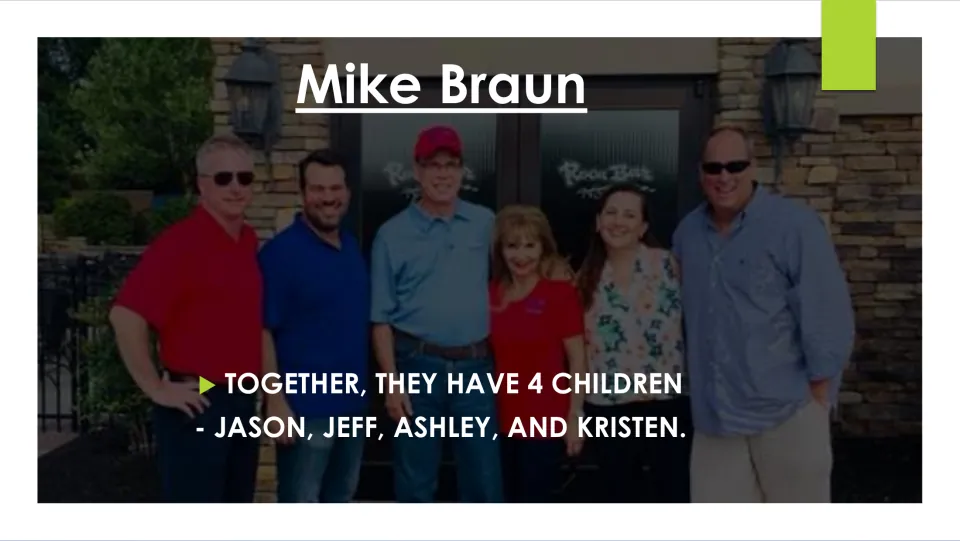 Biography slide naming Mike and Maureen Braun's four children: Jason, Jeff, Ashley, and Kristen