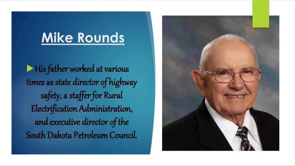 Family biography slide describing his father's work in highway safety, rural electrification, and petroleum