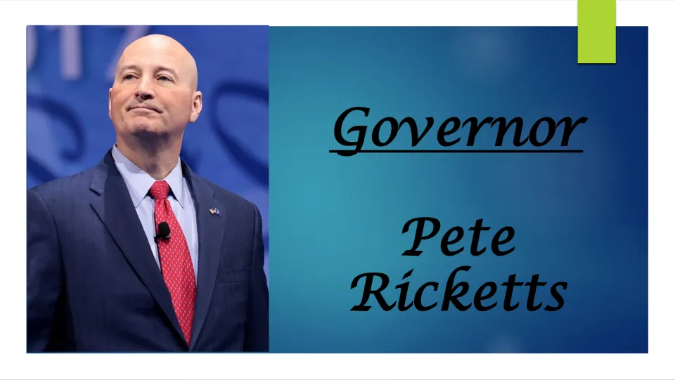 Biography presentation cover titled 'Governor Pete Ricketts,' featuring a portrait of the Nebraska politician