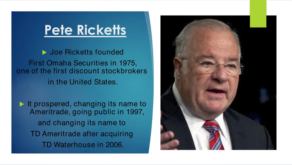 Family business slide tracing Joe Ricketts' First Omaha Securities from its 1975 founding to TD Ameritrade