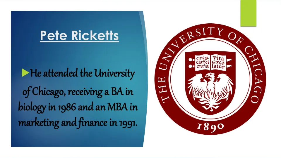 College education slide listing Ricketts' University of Chicago BA in biology in 1986 and MBA in 1991