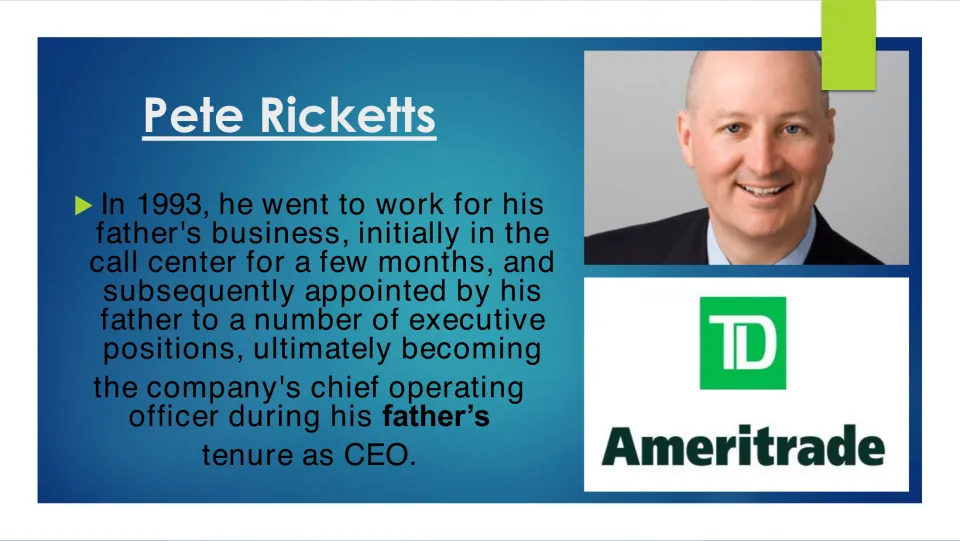 Business career slide tracing Ricketts' 1993 start in his father's call center to chief operating officer