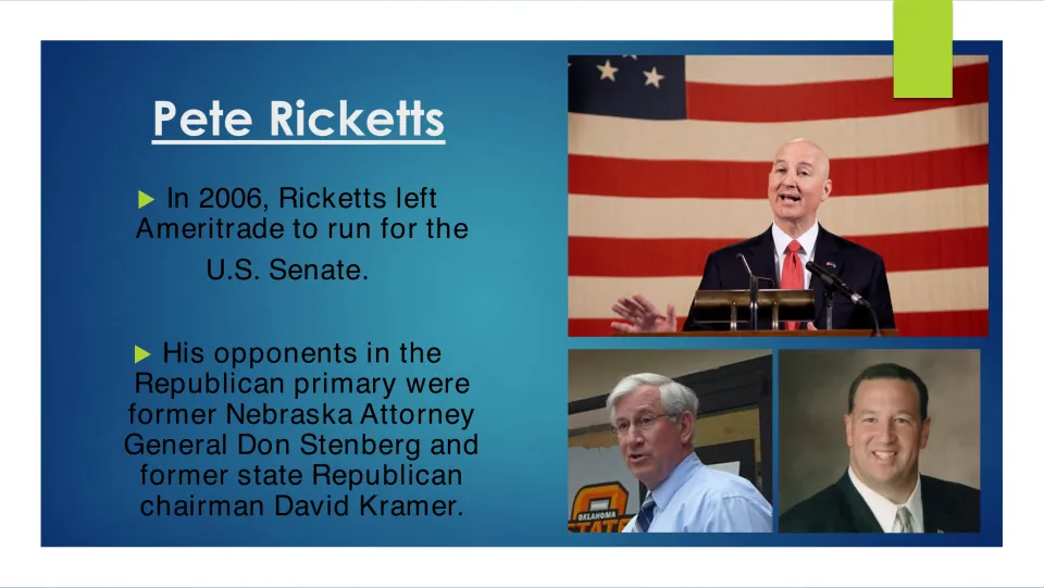 Political career slide on Ricketts' 2006 Senate run and Republican opponents Don Stenberg and David Kramer