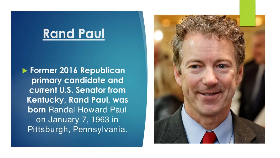 Biography slide identifying Rand Paul as Randal Howard Paul, born January 7, 1963, in Pittsburgh, Pennsylvania