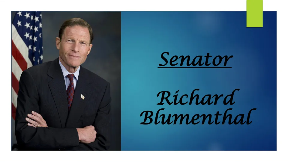 Title slide: Senator Richard Blumenthal in a dark suit, arms crossed, beside a U.S. flag, opening a biography presentation
