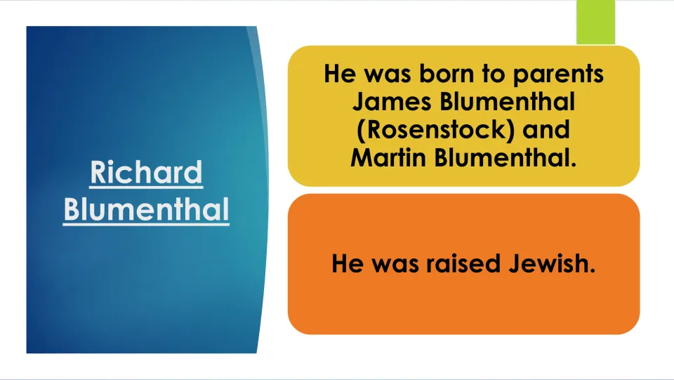 Family background slide: Blumenthal's parents James (Rosenstock) and Martin Blumenthal, and that he was raised Jewish