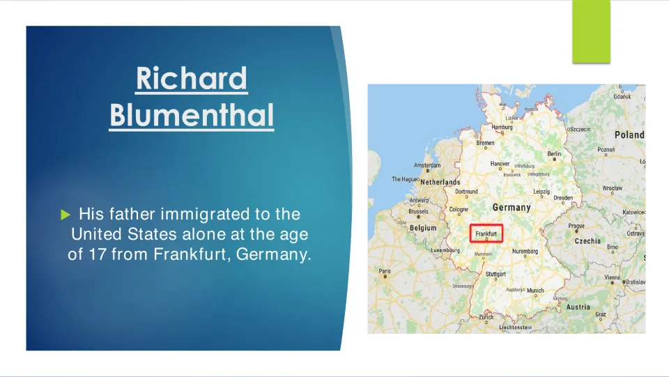 Immigration slide: his father came to the U.S. alone at 17 from Frankfurt, shown circled on a map of Germany