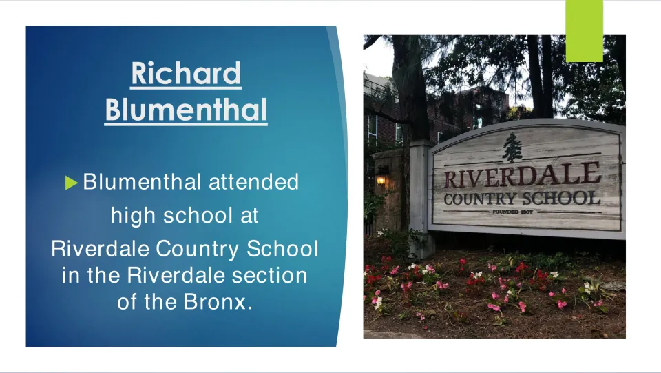High school slide: Blumenthal attended Riverdale Country School in the Bronx, pictured with the school's entrance sign