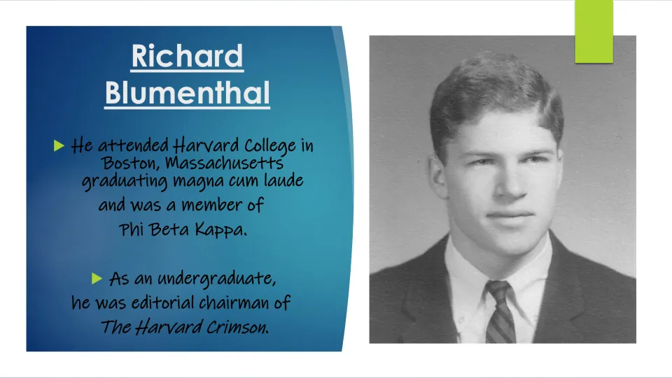 College slide: Harvard graduate magna cum laude, Phi Beta Kappa, and Harvard Crimson editorial chairman, with a young photo