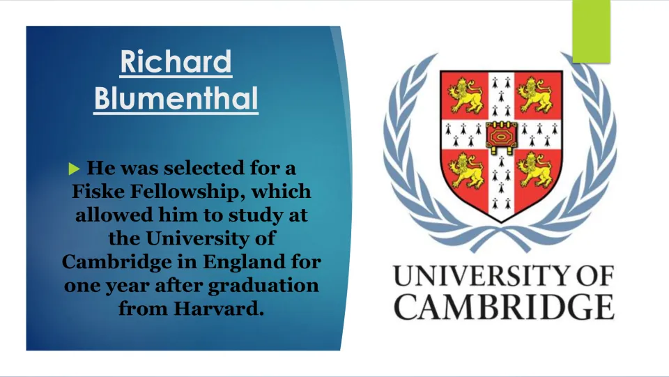 Fiske Fellowship slide: a year of study at the University of Cambridge in England after Harvard, with the Cambridge crest