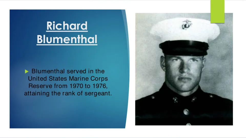 Military service slide: Blumenthal in the U.S. Marine Corps Reserve 1970 to 1976, reaching sergeant, in a dress-uniform photo