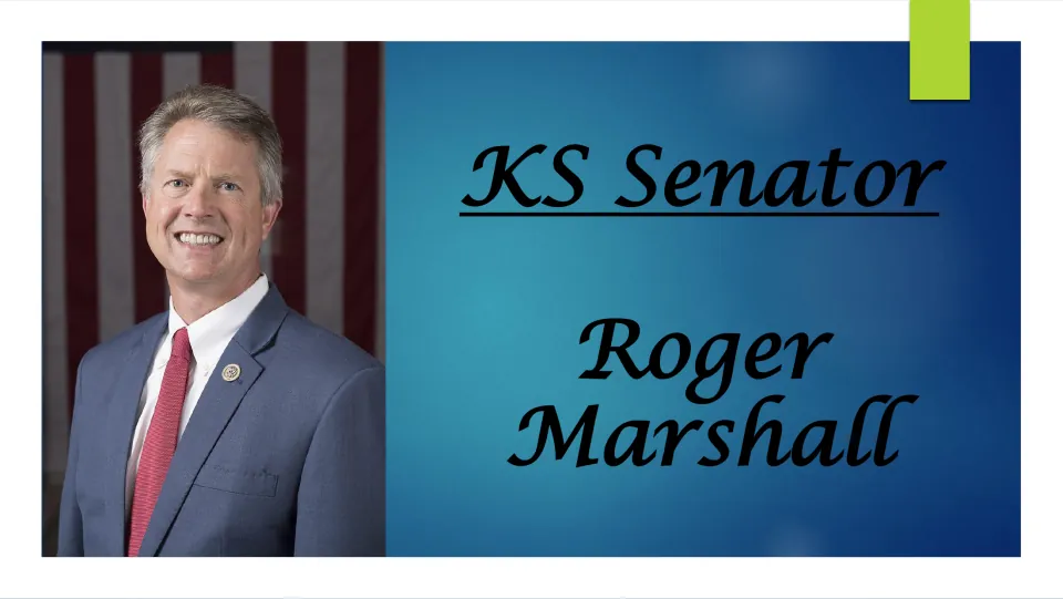 Biography presentation cover introducing Kansas Senator Roger Marshall, with his name and portrait