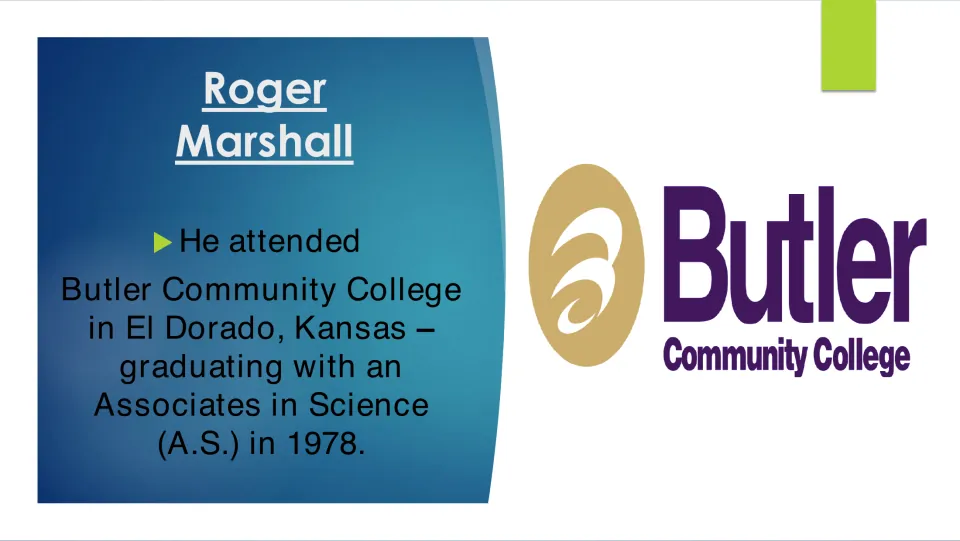 Education slide listing Marshall's Associate in Science degree from Butler Community College in 1978