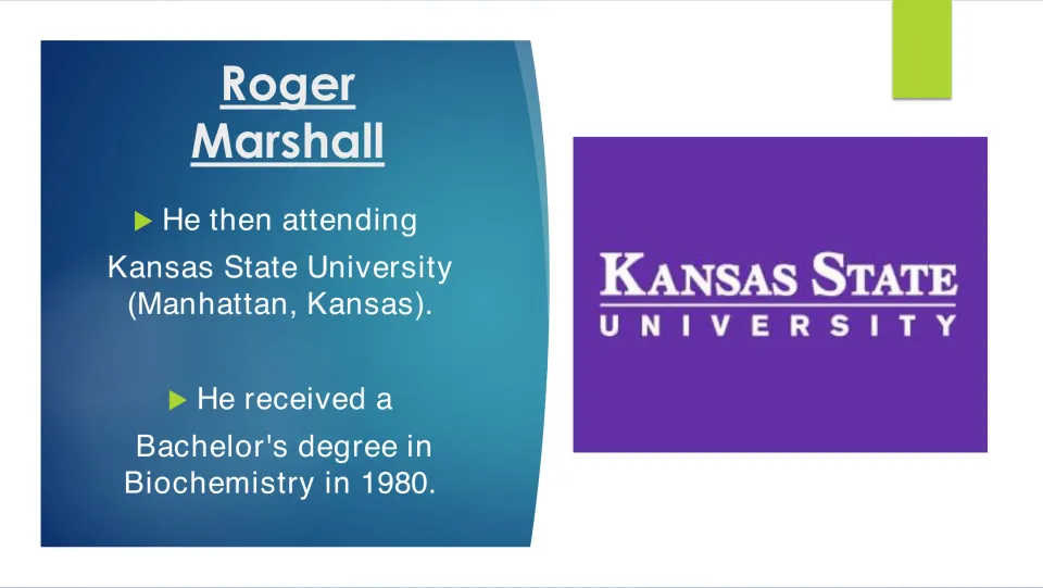 Education slide stating Marshall earned a bachelor's degree in biochemistry at Kansas State in 1980
