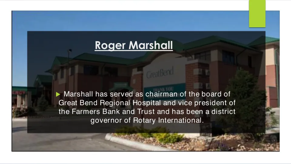 Community leadership slide listing Marshall's roles at Great Bend Regional Hospital, Farmers Bank, and Rotary