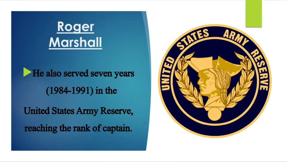 Military service slide stating Marshall served in the U.S. Army Reserve from 1984 to 1991, reaching captain