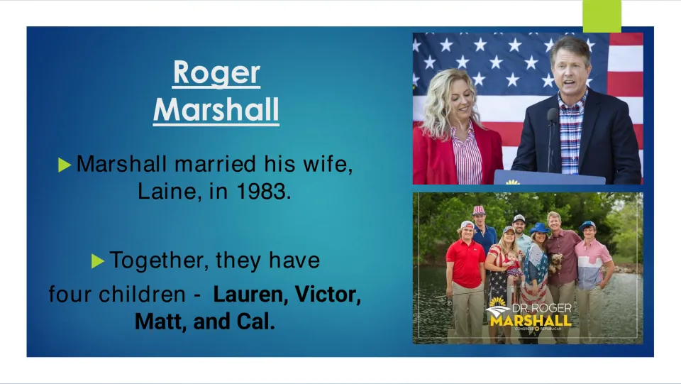Family biography slide naming Marshall's wife, Laine, and four children: Lauren, Victor, Matt, and Cal