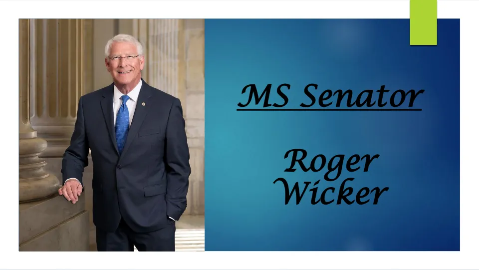 Biography presentation cover introducing Mississippi Senator Roger Wicker, with his name and portrait