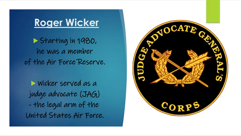 Military biography slide on Wicker joining the Air Force Reserve in 1980 and serving as a judge advocate