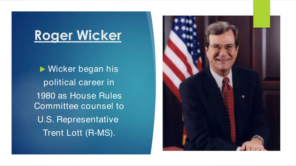 Political career slide on Wicker’s 1980 start as House Rules Committee counsel to Representative Trent Lott