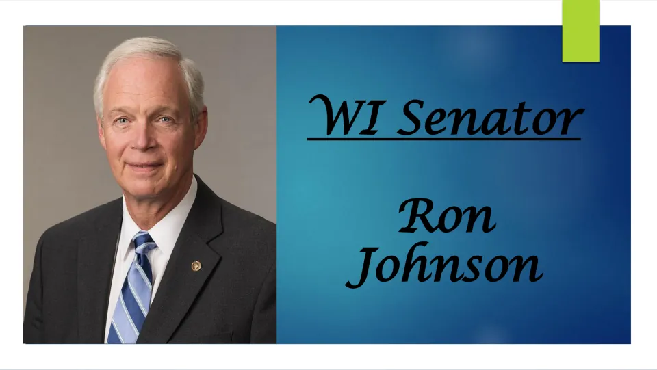 Biography presentation cover titled 'WI Senator Ron Johnson' with a formal portrait of the senator