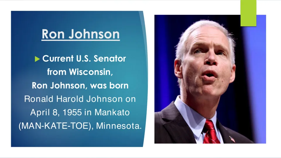 Biography slide introducing Ronald Harold Johnson and his April 8, 1955, birth in Mankato, Minnesota