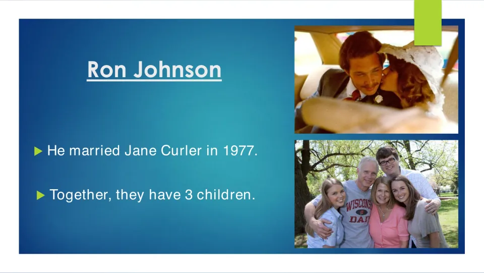 Biography slide about Ron Johnson's marriage to Jane Curler in 1977 and their three children
