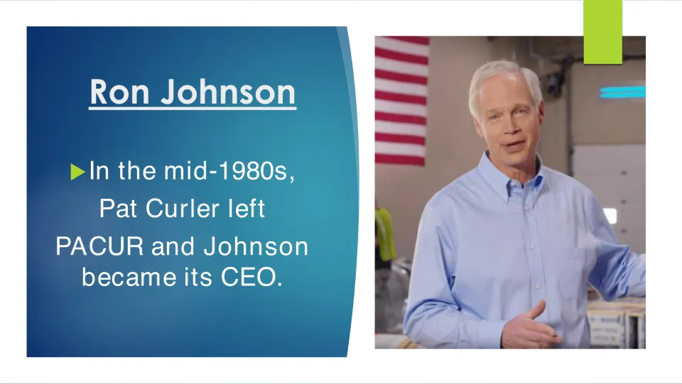 Biography slide explaining that Johnson became PACUR's CEO after Pat Curler left in the mid-1980s