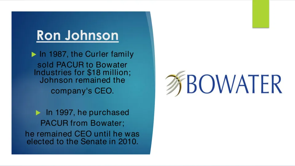 Biography slide on PACUR's 1987 sale to Bowater, Johnson's 1997 purchase, and his CEO tenure through 2010