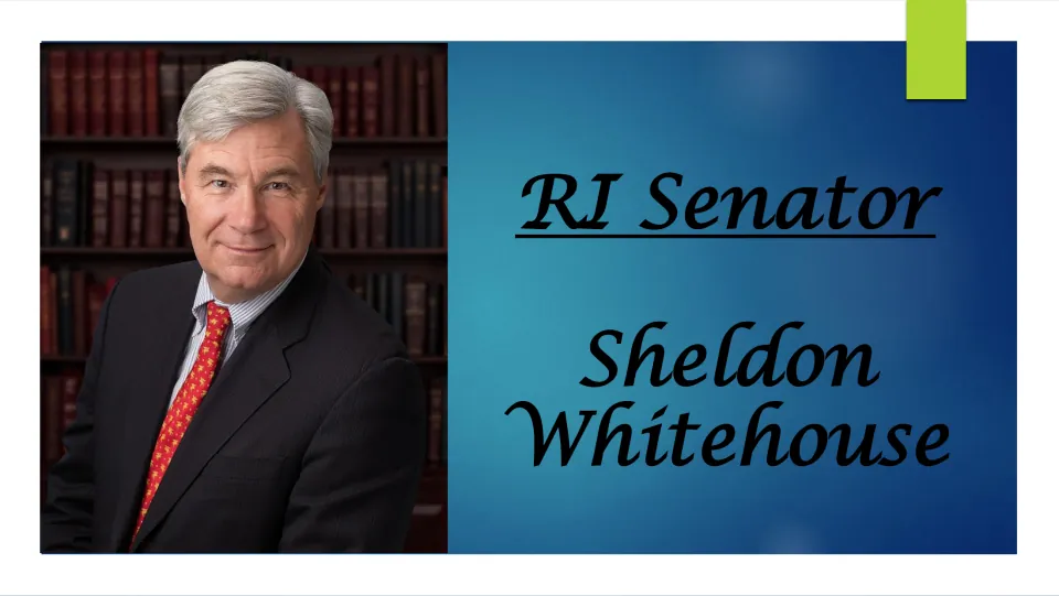 Biography presentation cover identifying Rhode Island Senator Sheldon Whitehouse beside his portrait