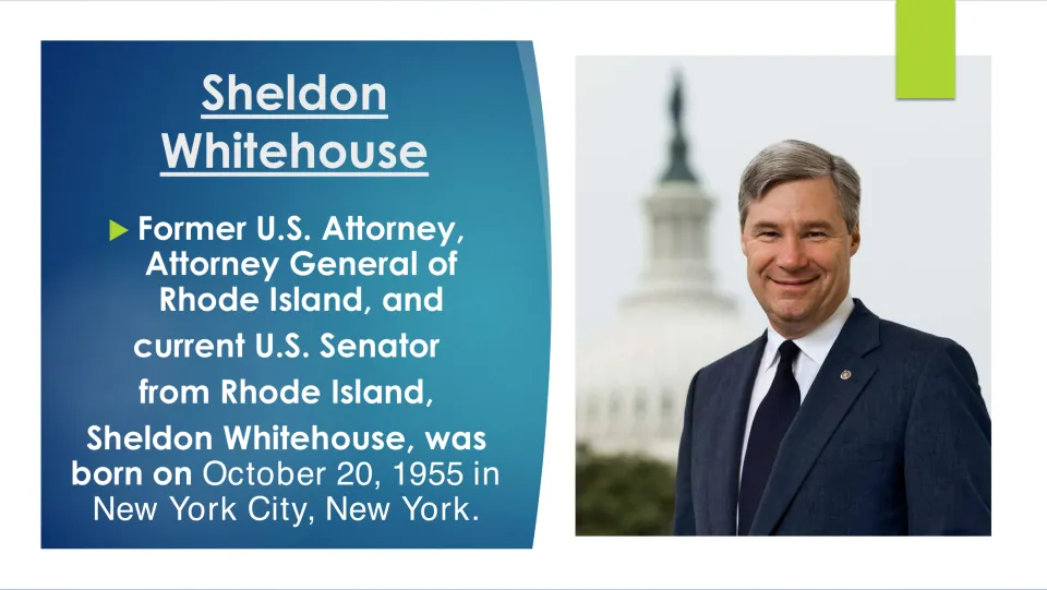 Biography slide introducing Whitehouse’s public offices and his October 20, 1955, birth in New York City