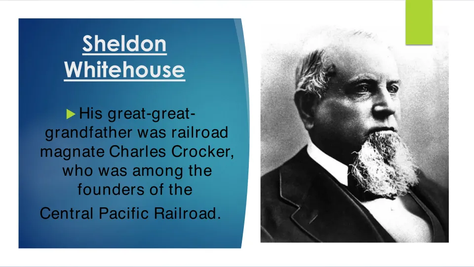 Ancestry slide identifying Charles Crocker, a Central Pacific Railroad founder, as his great-great-grandfather