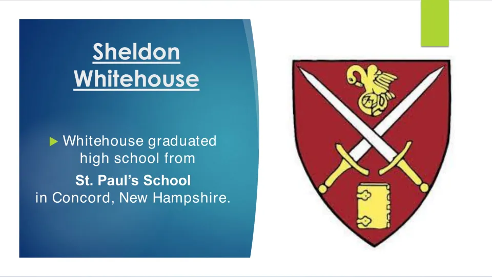 Education slide noting Whitehouse’s high school graduation from St. Paul’s School in Concord, New Hampshire