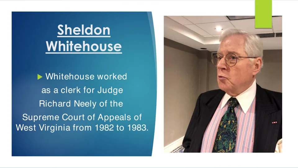 Early legal career slide describing Whitehouse’s 1982–1983 clerkship for Judge Richard Neely in West Virginia
