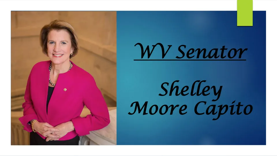 Biography presentation cover introducing West Virginia Senator Shelley Moore Capito with her portrait