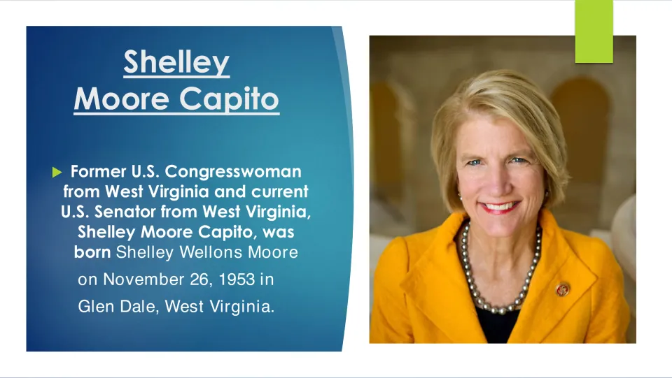 Biography slide giving Capito’s birth name, Shelley Wellons Moore, and November 26, 1953 birth in Glen Dale