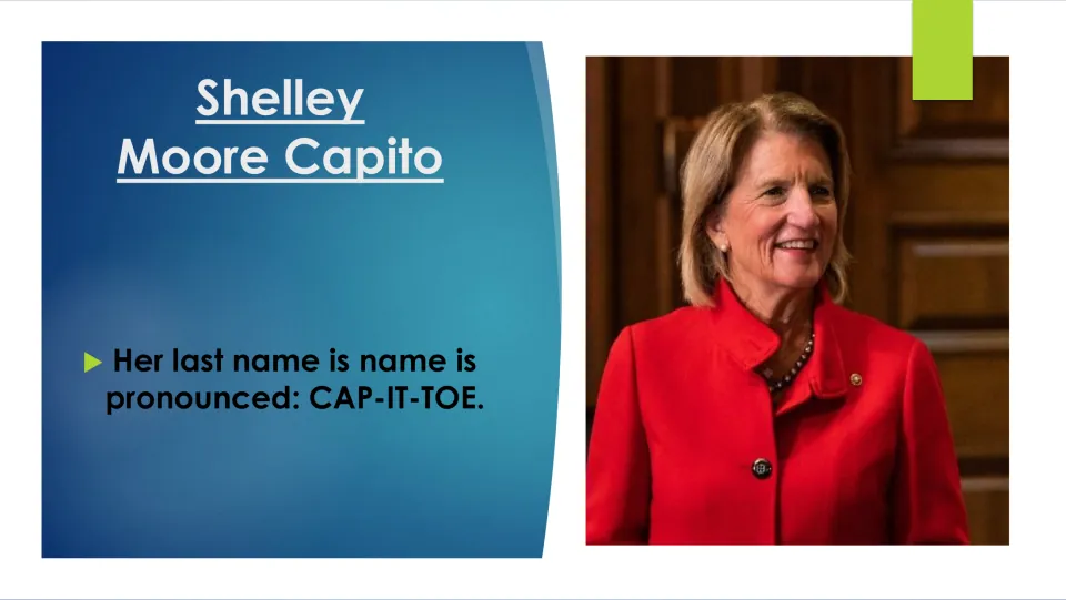 Biography slide explaining that Shelley Moore Capito’s last name is pronounced CAP-IT-TOE, with her portrait