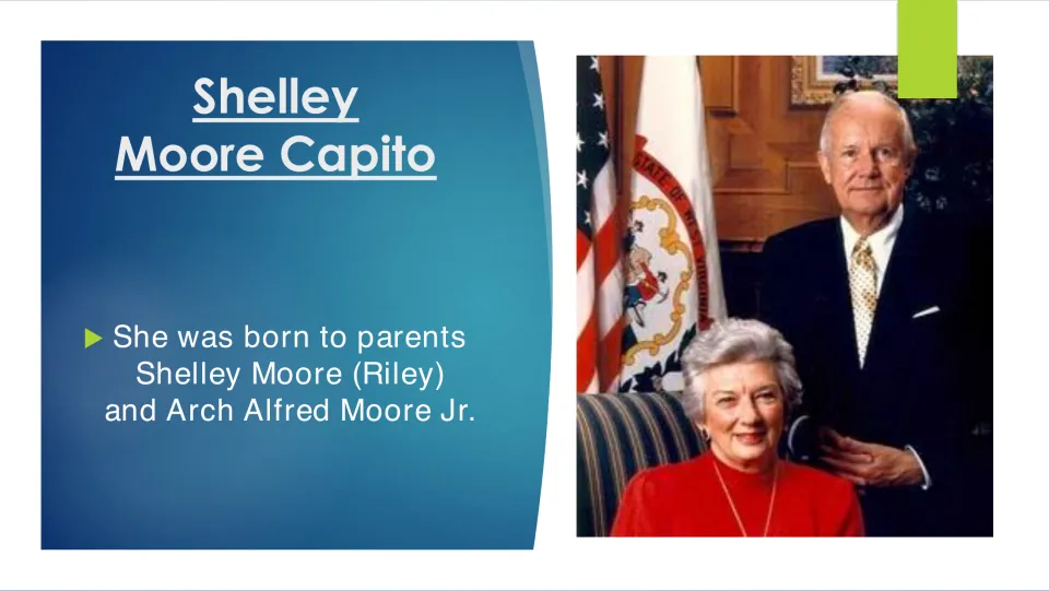 Biography slide naming Capito’s parents, Shelley Moore (Riley) and Arch Alfred Moore Jr., with their photo