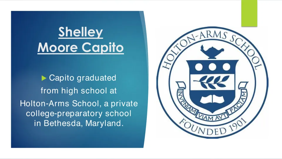 Education slide identifying Holton-Arms School in Bethesda, Maryland, as Capito’s high school, with its seal