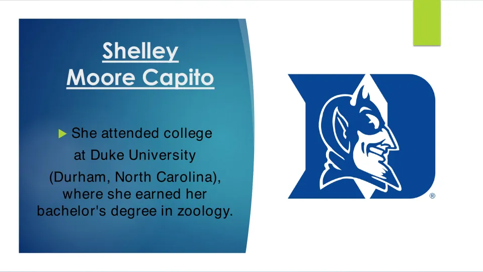 Education slide describing Capito’s bachelor’s degree in zoology from Duke University in Durham, North Carolina